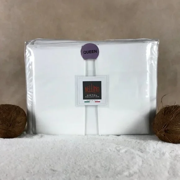 BELLINO ITALY Solid White Bed Sheets Cotton Percale QUEEN SHEET SET - Picture 1 of 4